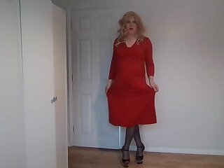 Red dress, black stockings, no panties